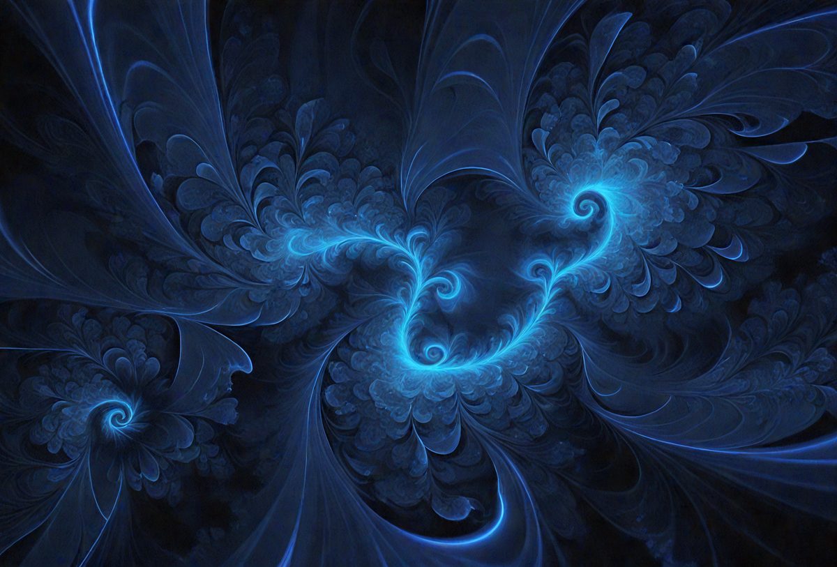 The primary subject of the image is a blue and white swirl pattern, which appears to be a digital art or illustration. The setting is a dark blue background, creating a contrasting and dramatic effect. The visual style is a combination of digital art and illustration, with the swirl pattern being the main focus. The colors and mood of the image are predominantly dark and moody, with the blue swirl pattern standing out against the dark blue background.