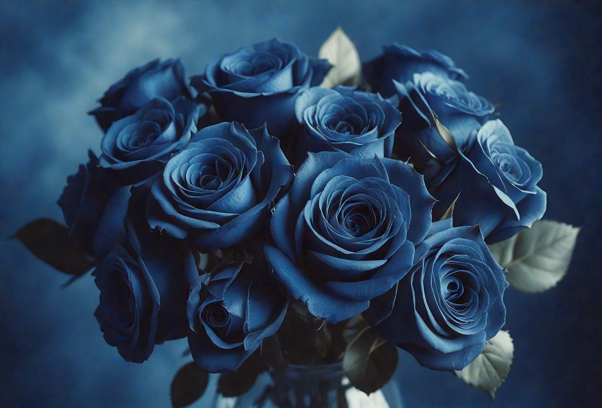 The primary subject of the image is a bouquet of blue roses. The setting is a vase filled with water, and the visual style is a close-up of the flowers. The dominant colors are blue and purple, creating a serene and calming atmosphere.