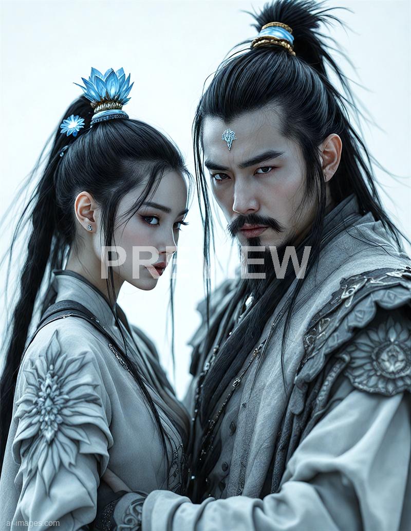 The image features two individuals dressed in elaborate, traditional fantasy-style costumes with intricate detailing, including embroidered patterns and layered fabrics. The woman has long, dark hair adorned with a blue floral headpiece and earrings, while the man has a styled beard and mustache, with long hair tied back and a decorative piece on his forehead. They are posed closely together against a neutral, soft background, both with intense expressions that convey a sense of strength and mystery.