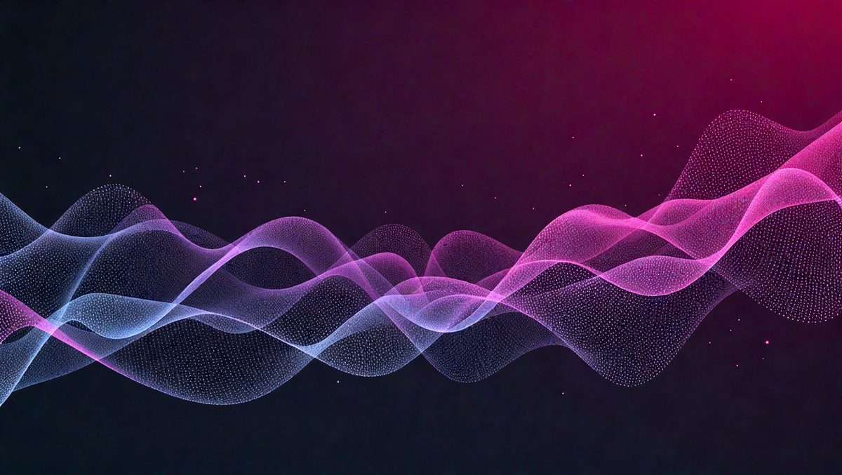 The primary subject of the image is a series of pink and purple waves, which are the main objects in the scene. The setting is a dark background, which contrasts with the vibrant colors of the waves. The visual style of the image is digital art, as it appears to be a computer-generated or digitally manipulated representation of the waves. The dominant colors in the image are pink and purple, creating a warm and inviting atmosphere.