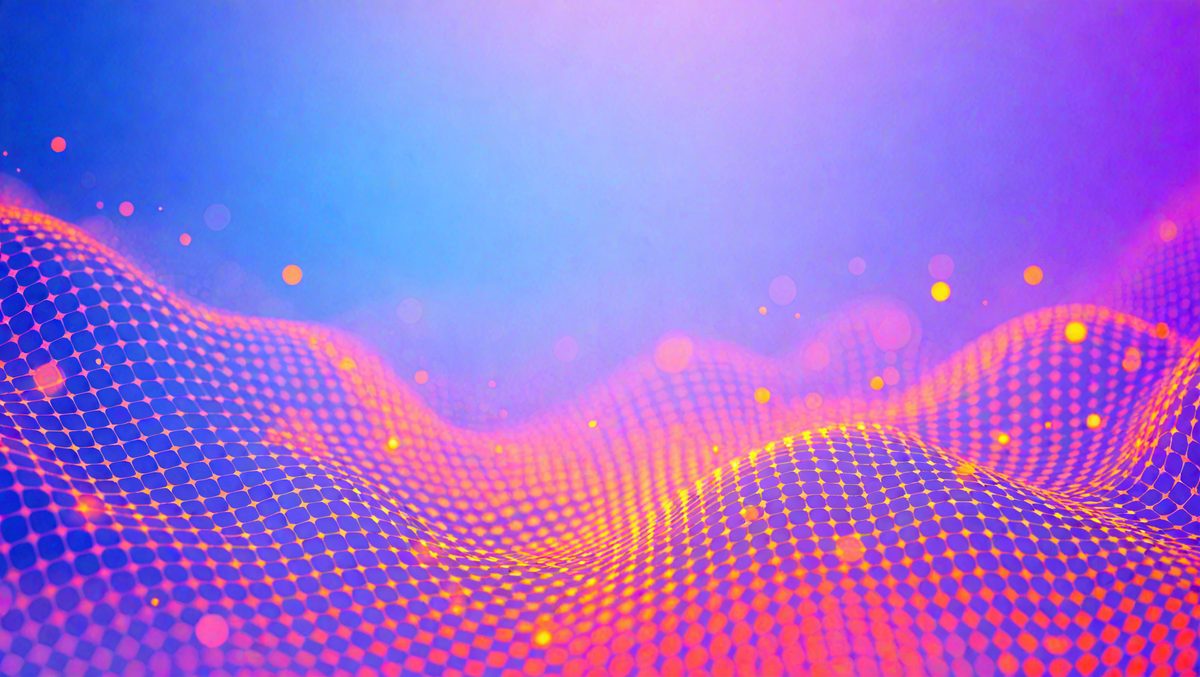 The primary subject of the image is a colorful, abstract pattern. The setting is a blue background, which contrasts with the vibrant colors of the pattern. The visual style is a combination of digital art and illustration, creating a unique and eye-catching design. The dominant colors are orange, pink, and blue, giving the image a lively and energetic atmosphere.