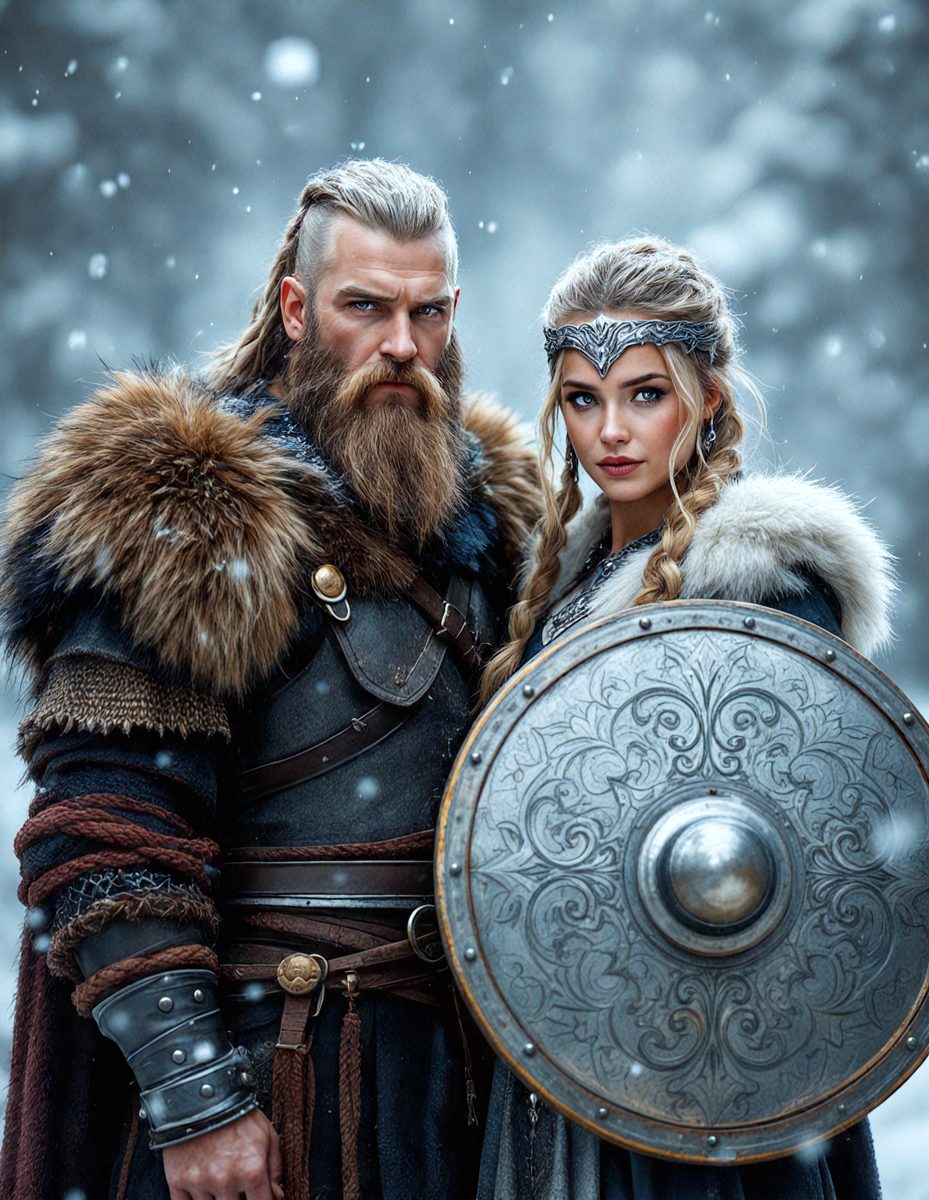 The primary subject of the image is a man and a woman dressed in medieval-style clothing, standing together in a snowy environment. The man is wearing a chainmail shirt and holding a shield, while the woman is wearing a crown and a necklace. The setting is a winter landscape with snow covering the ground. The visual style of the image is a combination of photo and digital art, creating a unique and intriguing scene. The colors and mood of the image are predominantly cold and dark, with the snow and clothing adding to the overall atmosphere.