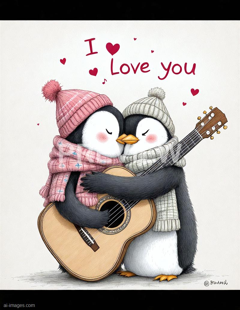 The image features two adorable penguins dressed in cozy winter attire, with one wearing a pink knit hat and scarf, and the other a beige knit hat and scarf. They are embracing each other affectionately, with the penguin on the right holding a guitar, suggesting a scene of love and warmth. Above them, the phrase "I ❤️ Love you" is written in playful red letters, surrounded by small red hearts, enhancing the theme of affection and romance.