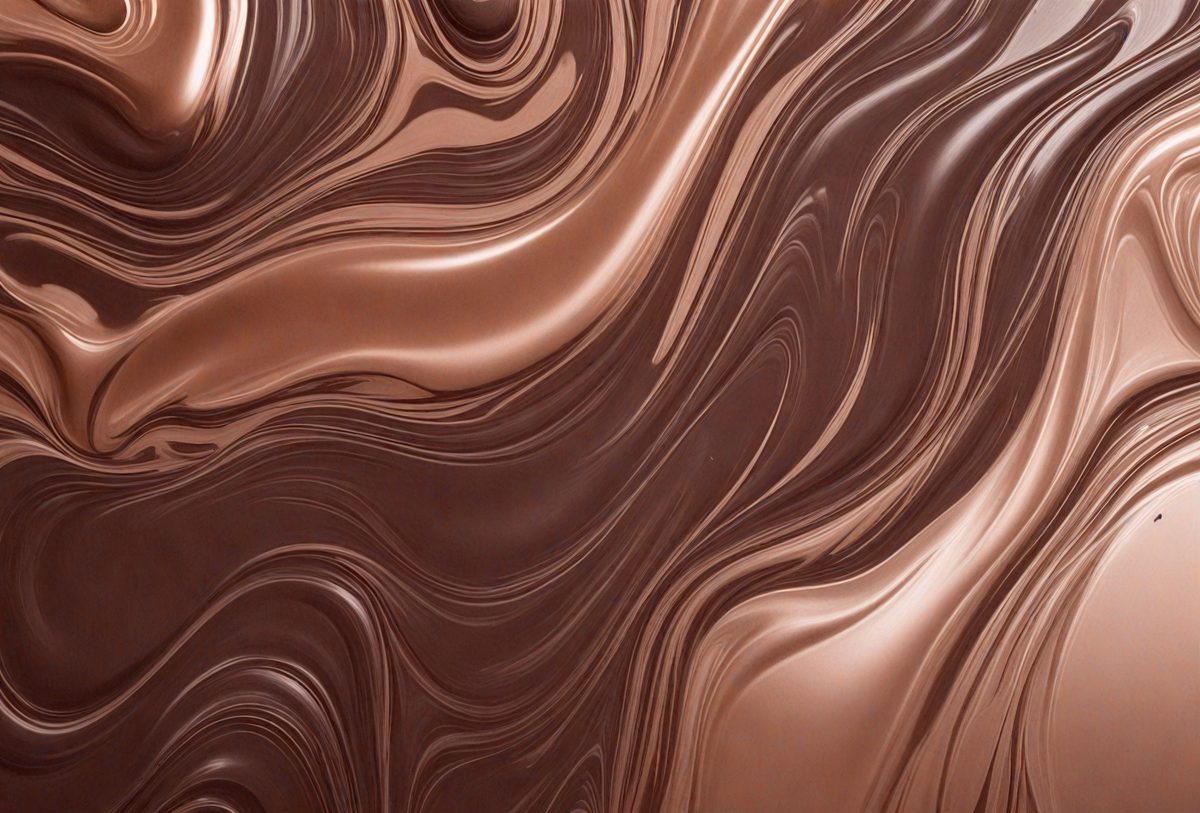 The primary subject of the image is a close-up of a chocolate-covered surface, possibly a piece of chocolate cake or a chocolate-covered item. The setting is a close-up of the chocolate, with no background visible. The visual style is a close-up of the chocolate, which gives it a rich and indulgent appearance. The colors and mood of the image are predominantly brown, with the chocolate being the main focus and evoking a sense of warmth and comfort.