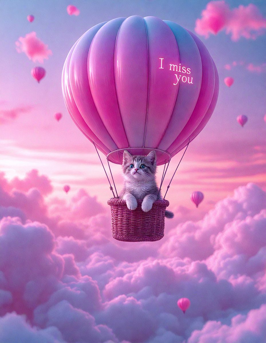 The primary subject of the image is a cat sitting in a basket that is attached to a hot air balloon. The setting is a pink and white cloudy sky, which serves as the backdrop for the scene. The visual style is a digital art illustration, giving the image a whimsical and playful atmosphere. The dominant colors are pink and white, creating a soft and dreamy mood.