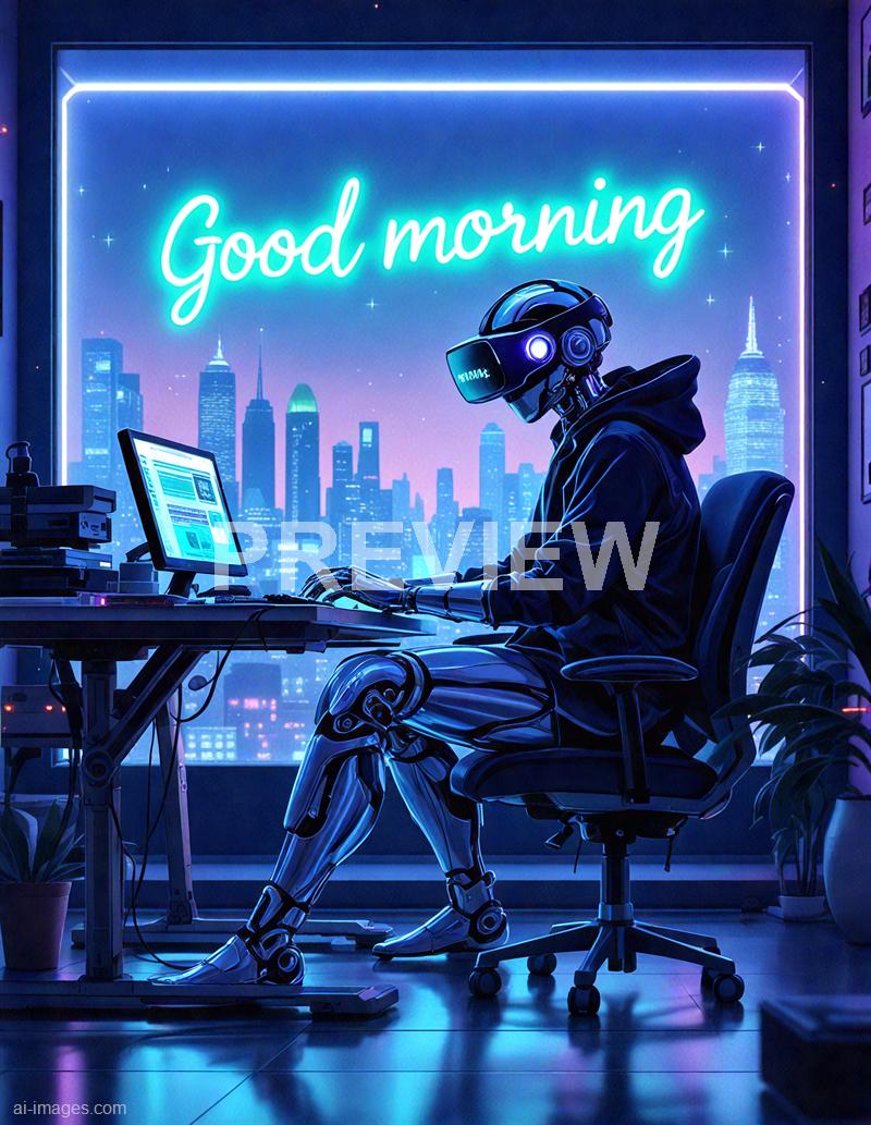 The image depicts a futuristic setting with a humanoid robot sitting at a desk in a modern office environment. The robot is wearing a VR headset and is working on a computer, surrounded by high-tech equipment, with a city skyline visible through large windows in the background. Above the robot, a neon sign reads "Good morning," illuminating the scene with a vibrant glow. The overall atmosphere blends advanced technology with a cyberpunk aesthetic, featuring sleek designs and bright neon lighting.