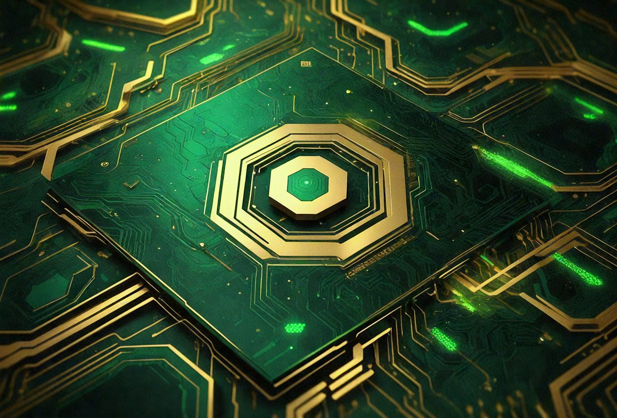 The primary subject of the image is a gold and green geometric pattern. The setting is a green background, and the visual style appears to be a digital art or illustration. The dominant colors are gold and green, creating a warm and vibrant atmosphere.