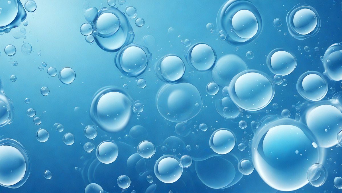 The primary subject of the image is a blue background with numerous bubbles floating in the air. The setting appears to be a water-based environment, possibly an aquarium or a swimming pool. The visual style of the image is a combination of photo and digital art, creating a unique and captivating scene. The dominant colors in the image are blue and white, giving it a calming and serene atmosphere.