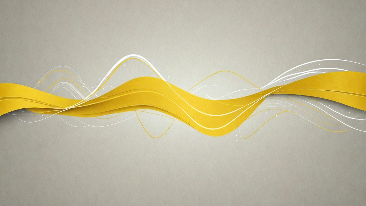 The primary subject of the image is a yellow and white wave, which is the main focus of the scene. The wave is depicted in a digital art style, giving it a modern and visually appealing appearance. The setting is a gray background, which contrasts with the vibrant colors of the wave. The overall atmosphere of the image is dynamic and energetic, as the wave appears to be in motion.