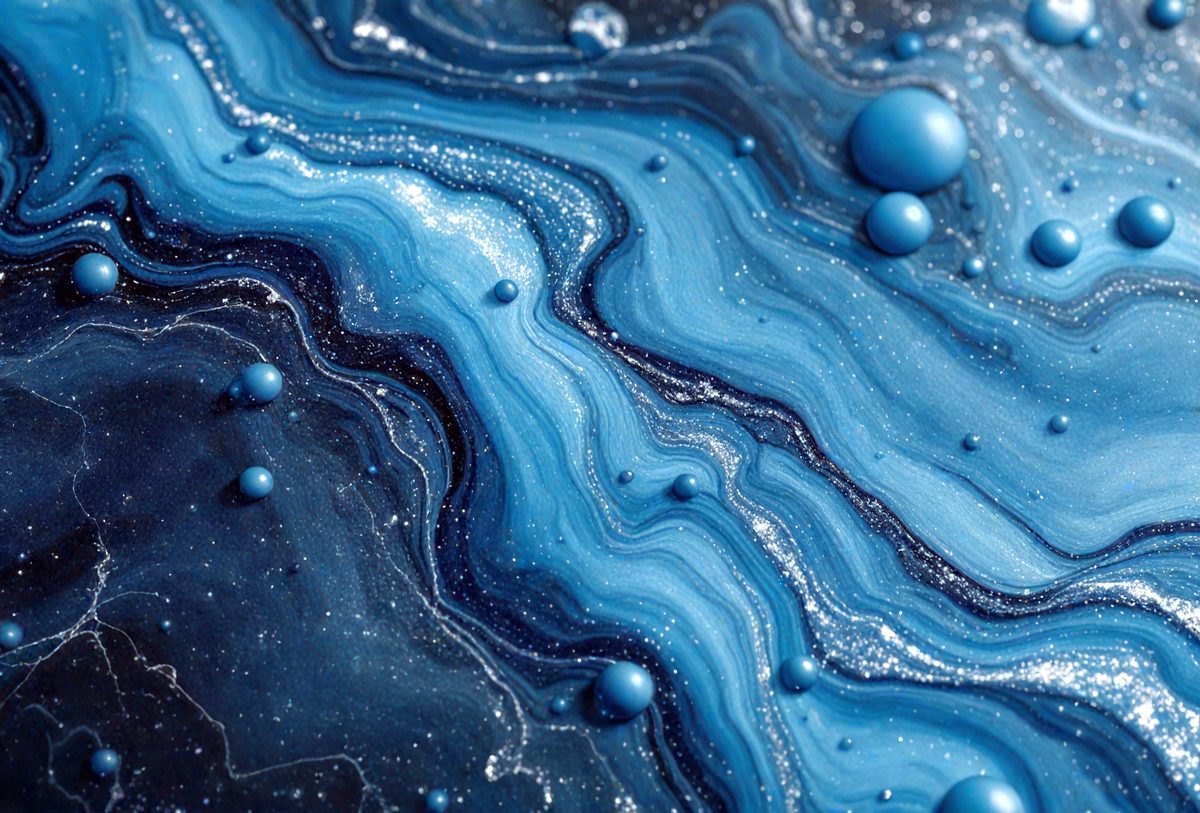 The primary subject of the image is a blue, swirling, and textured surface, which appears to be a piece of art or a decorative item. The setting is a black background, which contrasts with the blue surface. The visual style is a combination of artistic and digital elements, creating a unique and eye-catching design. The dominant colors are blue and black, giving the image a calm and soothing atmosphere.