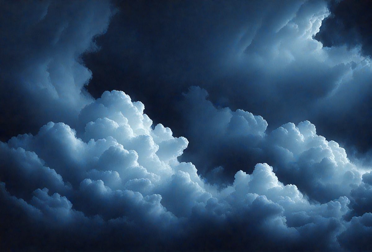 The primary subject of the image is a cloudy sky with a dark background. The setting is a cloudy day, and the visual style is a painting or drawing. The colors and mood of the image are dark and moody, with the clouds creating a dramatic atmosphere.