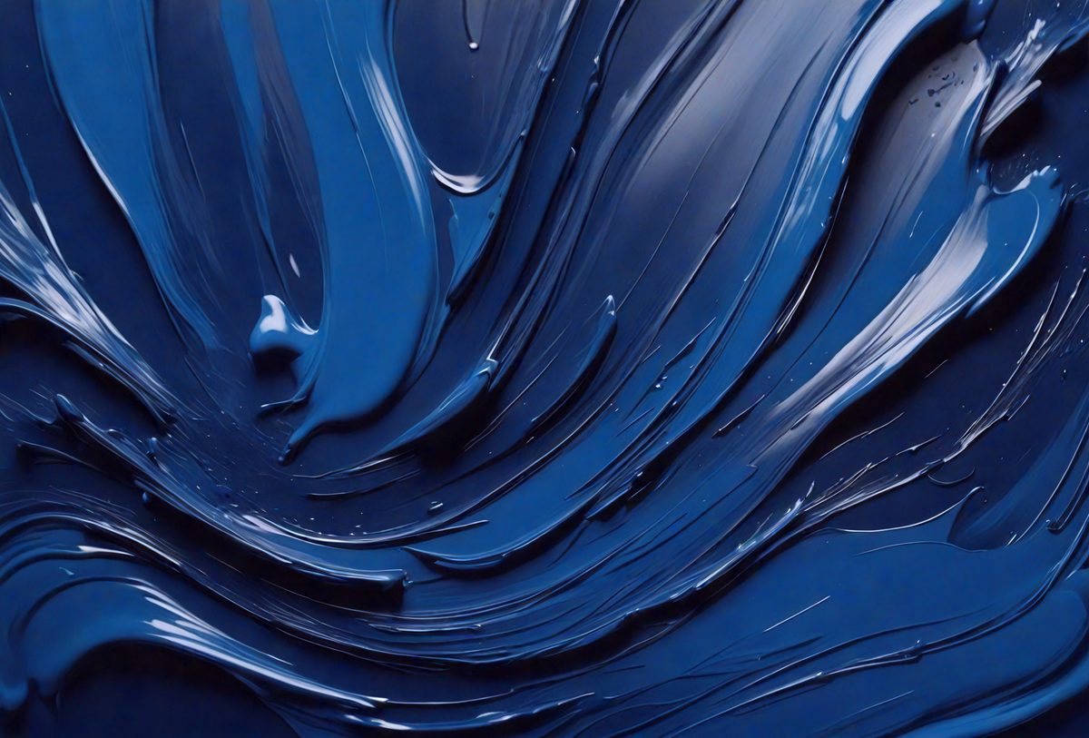 The primary subject of the image is a blue, swirling, and flowing substance, which appears to be a mix of paint and water. The setting is a dark background, which contrasts with the blue substance. The visual style is a combination of painting and digital art, creating a unique and artistic representation. The colors and mood of the image are predominantly blue, giving it a calming and serene atmosphere.