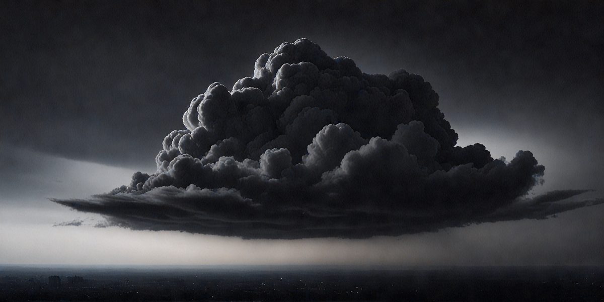 The primary subject of the image is a large, dark, and cloudy storm cloud. The setting is a dark sky, and the visual style is a black and white drawing. The cloudy sky and the dark clouds create a moody atmosphere, emphasizing the power and intensity of the storm.