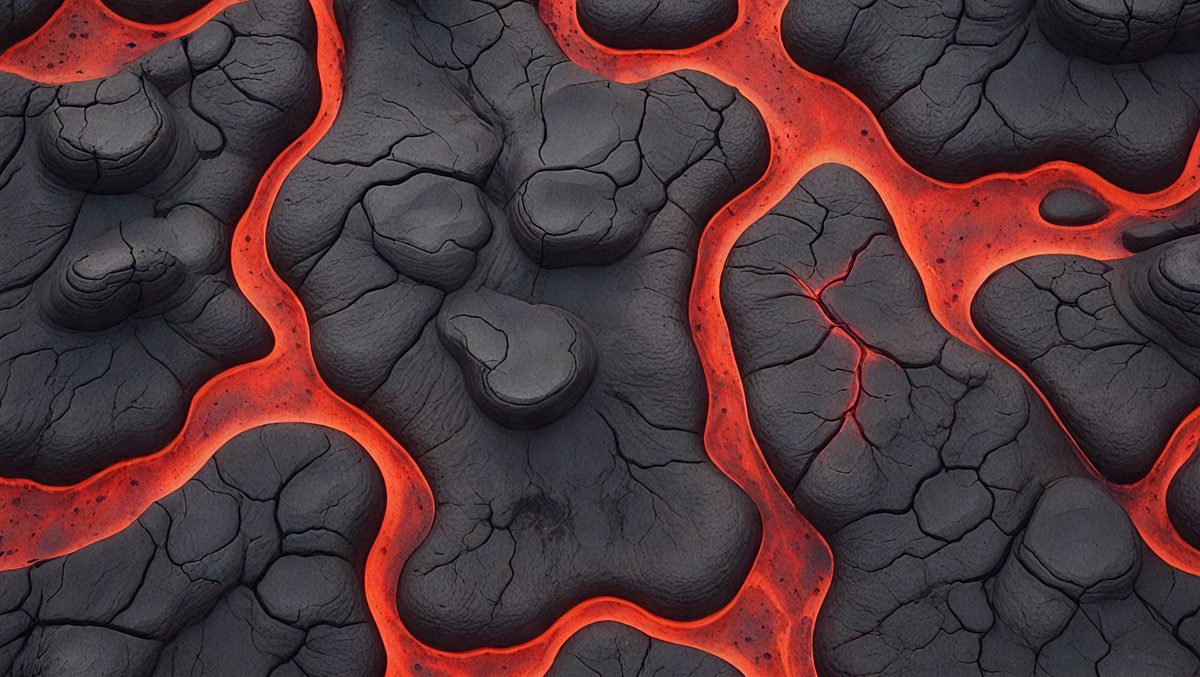 The primary subject of the image is a close-up of a black and red rock formation, possibly a lava rock or a piece of a volcano. The setting is a dark, possibly volcanic, environment. The visual style appears to be a combination of a photo and a digital art or illustration, as the rock formation has a detailed and intricate appearance. The dominant colors are black and red, creating a striking and dramatic atmosphere.