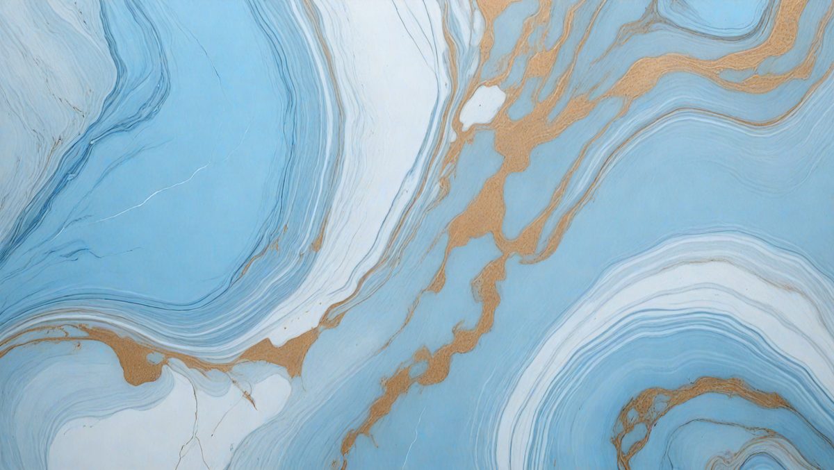 The primary subject of the image is a blue and gold marbled wallpaper. The setting is a room with a blue background, and the visual style is a patterned wallpaper. The dominant colors are blue and gold, creating a luxurious and elegant atmosphere.