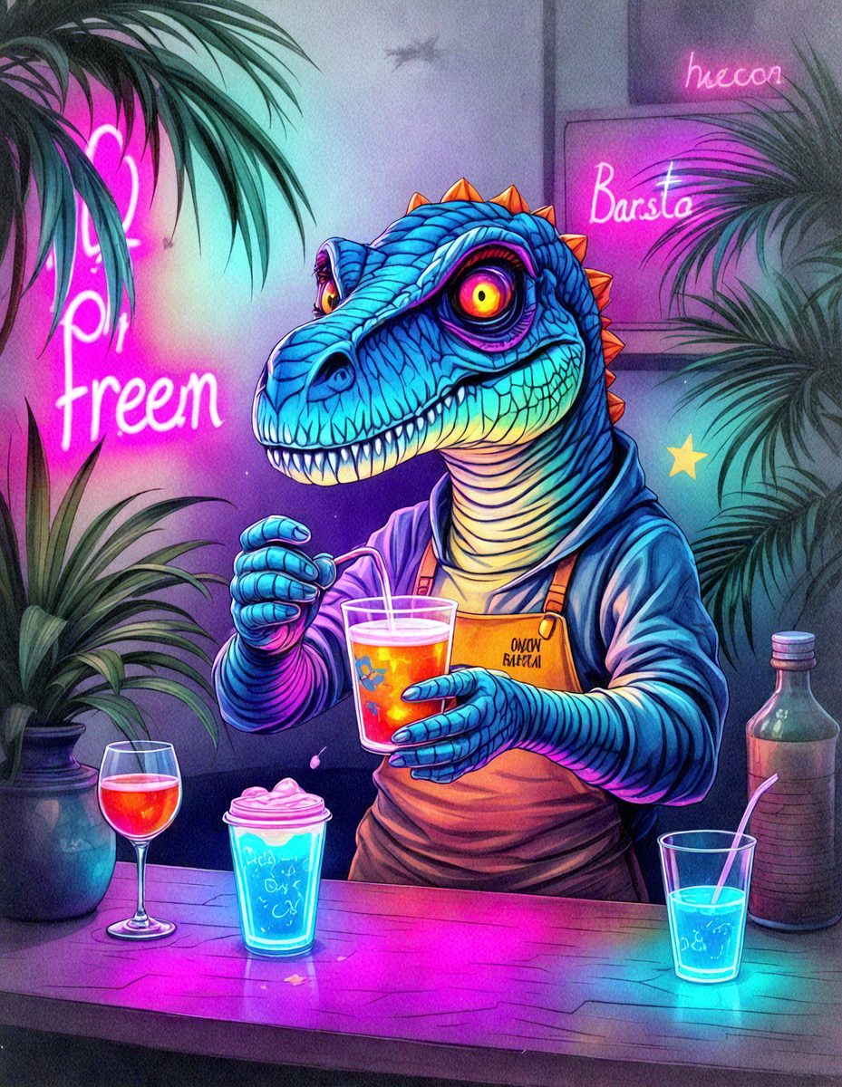 The primary subject of the image is a cartoon dinosaur, specifically a T-Rex, holding a cup of beer. The setting is a bar, with a dining table visible in the background. The visual style is a colorful, cartoon-like illustration, giving the image a fun and playful atmosphere. The dominant colors include shades of blue, purple, and pink, which contribute to the overall mood of the scene.