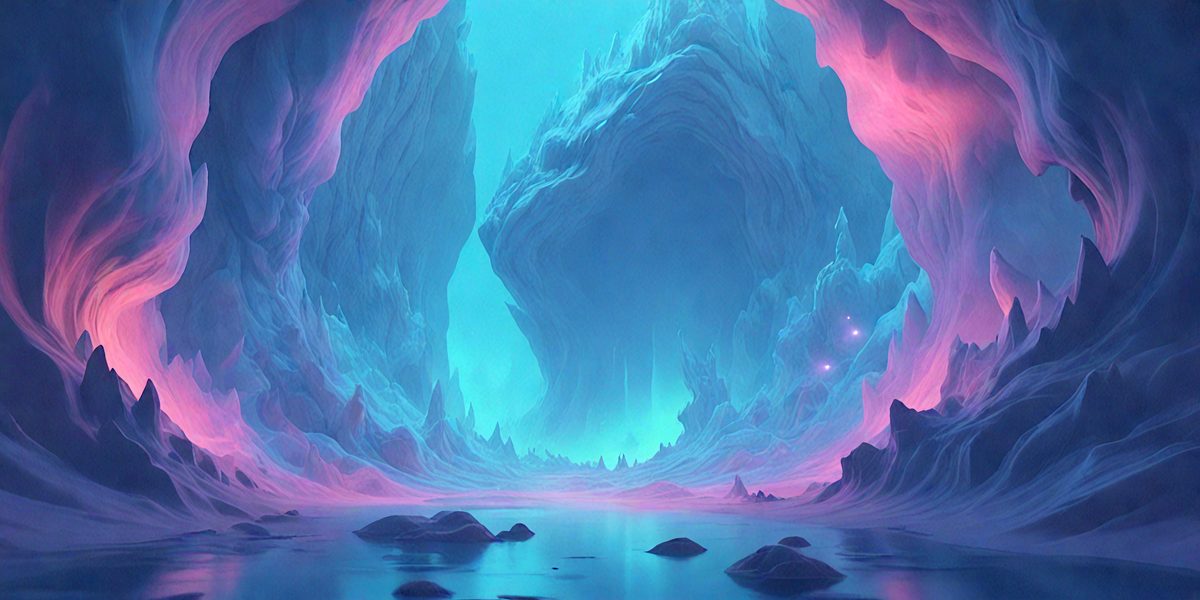 The primary subject of the image is a large, blue, and purple cave with a waterfall inside. The cave is surrounded by a blue and purple atmosphere, creating a unique and visually striking scene. The setting is a cave with a waterfall, and the visual style is a digital art or illustration. The colors and mood of the image are predominantly blue and purple, giving it a serene and otherworldly appearance.