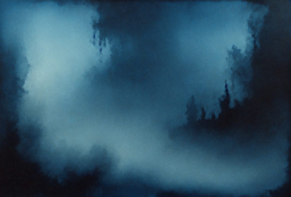 The primary subject of the image is a forest with trees and a blue sky. The setting is a forest with a blue sky in the background. The visual style is a painting, which gives the image a more artistic and creative appearance. The colors and mood of the image are predominantly blue, creating a serene and peaceful atmosphere.