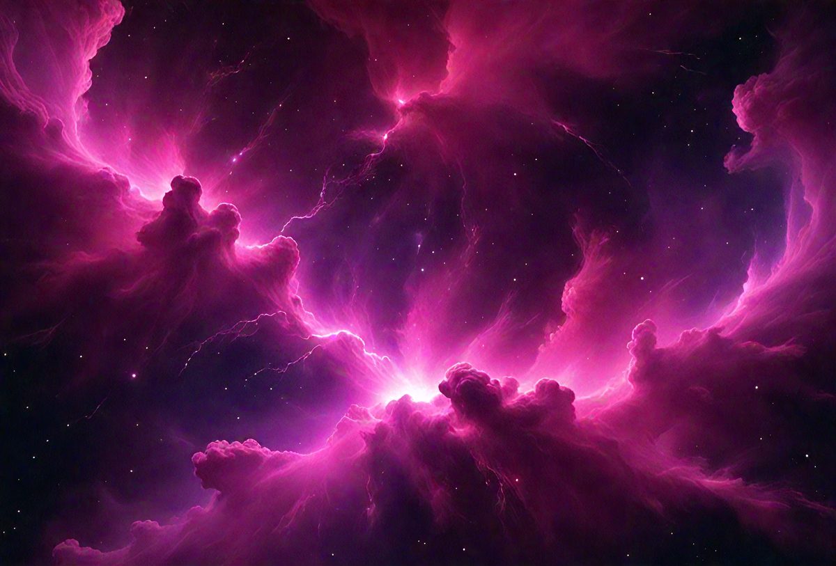 The primary subject of the image is a pink nebula, which is a cloud of gas and dust in space. The setting is a dark, starry sky, with the nebula being the main focus of the image. The visual style is a combination of a photo and digital art, creating a unique and captivating representation of the nebula. The colors and mood of the image are predominantly pink, giving it a warm and serene atmosphere.