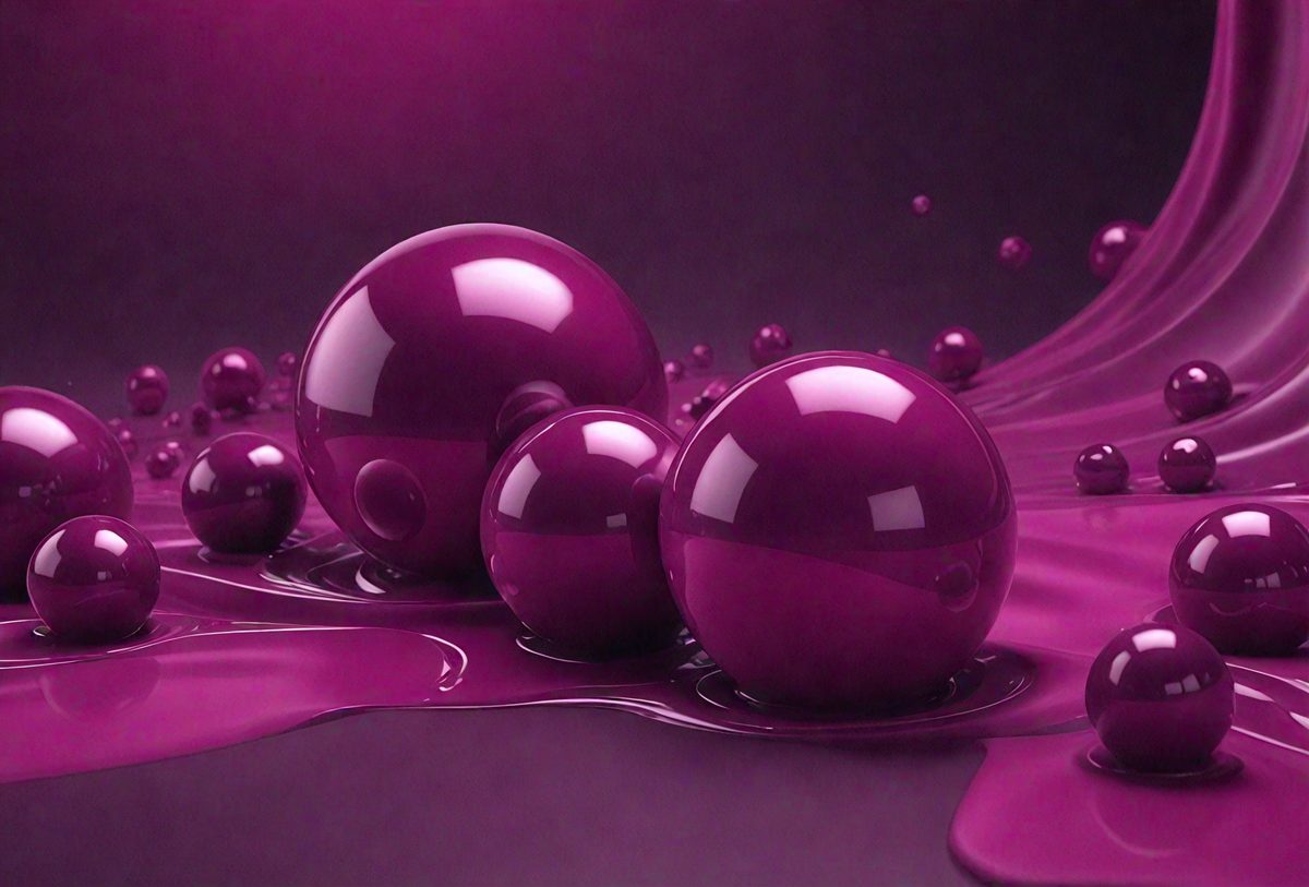 The primary subject of the image is a group of three purple balls floating in a pink liquid. The setting is a dark background, which contrasts with the vibrant colors of the balls and the liquid. The visual style appears to be a digital art or illustration, as the balls and liquid are depicted in a realistic manner. The dominant colors are purple and pink, creating a sense of depth and contrast in the image.