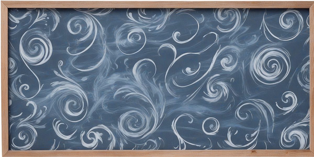 The primary subject of the image is a chalkboard with a blue and white swirl pattern. The setting is a room with a wooden frame surrounding the chalkboard. The visual style is a combination of digital art and illustration, creating a unique and artistic appearance. The dominant colors are blue and white, giving the scene a calming and soothing atmosphere.