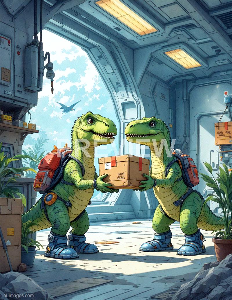 The image depicts two anthropomorphic dinosaurs dressed in astronaut suits, standing inside a futuristic space station or spacecraft. They are exchanging a cardboard box, with one dinosaur handing it to the other, both smiling. The background shows a large window with a view of the sky, clouds, and a bird flying outside, along with some plants and equipment inside the station.