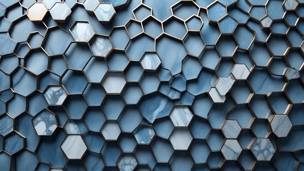 The primary subject of the image is a blue and white marble wall with a unique hexagonal pattern. The setting is a room with a blue and white marble wall as the main focus. The visual style is a close-up of the marble wall, showcasing its intricate pattern. The colors and mood of the image are predominantly blue and white, creating a clean and elegant atmosphere.