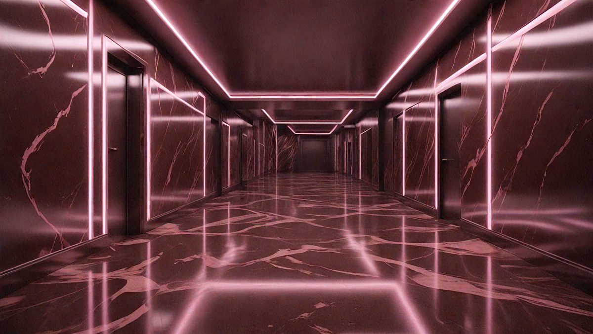 The image features a long, narrow hallway with a marble floor. The hallway is illuminated by pink neon lights, creating a unique and visually striking atmosphere. The primary subject of the image is the hallway itself, which serves as the main focus of the scene. The setting is a modern, urban environment, with the marble flooring and pink neon lights contributing to the overall aesthetic. The visual style of the image is a combination of photo and digital art, with the pink neon lights adding a touch of digital manipulation to the scene. The colors and mood of the image are predominantly pink and warm, evoking a sense of luxury and sophistication.
