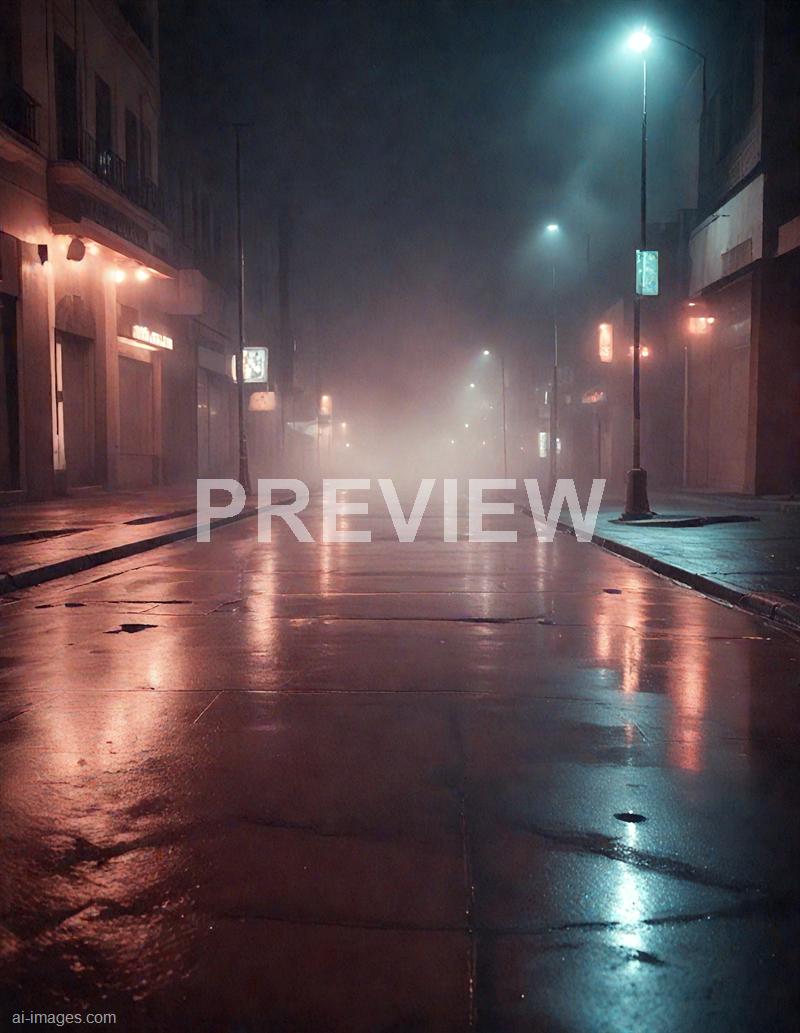 The image depicts an empty city street at night, shrouded in thick fog that limits visibility into the distance. The wet pavement reflects the glow of streetlights and illuminated signs on buildings, creating a moody, atmospheric scene with a mysterious and quiet ambiance. The surrounding buildings have closed storefronts and balconies, adding to the deserted feel of the scene.