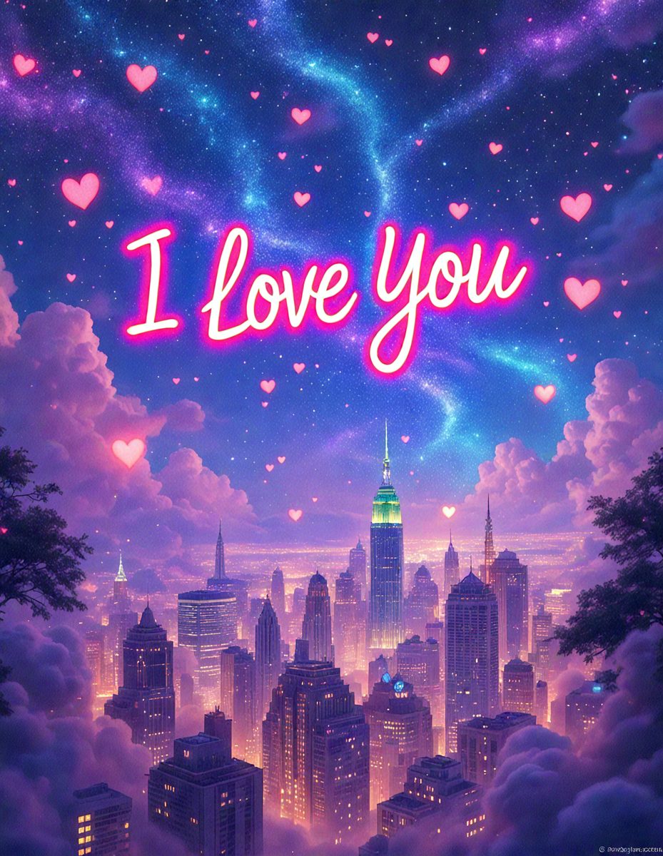 Primary subject: I Love You
Setting/background: City skyline
Visual style: Digital art
Colors and mood: Pink and purple