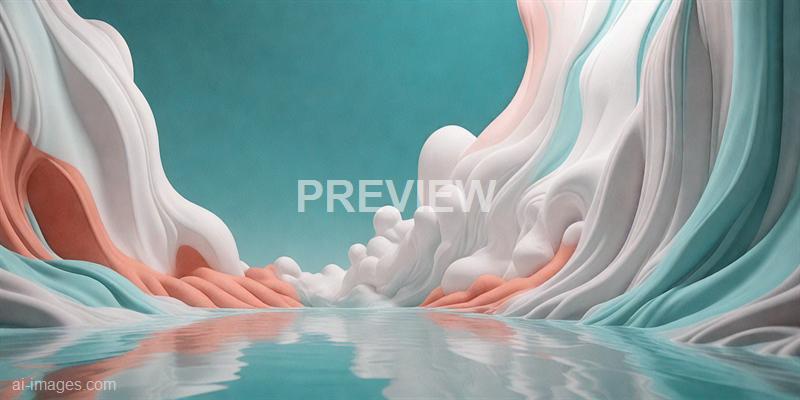 A surreal landscape featuring a narrow, reflective waterway flanked by towering, smooth, and flowing rock formations in pastel shades of white, pink, and blue. The sky above is a clear, gradient teal, creating a tranquil and dreamlike atmosphere. The scene has a soft, abstract quality, emphasizing the organic, wave-like shapes of the formations and the calm water below.