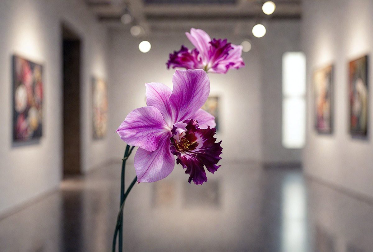 The primary subject of the image is a purple orchid flower. The setting is a white room with a tiled floor. The visual style is a close-up of the flower, showcasing its beauty. The dominant colors are purple and white, creating a serene and elegant atmosphere.