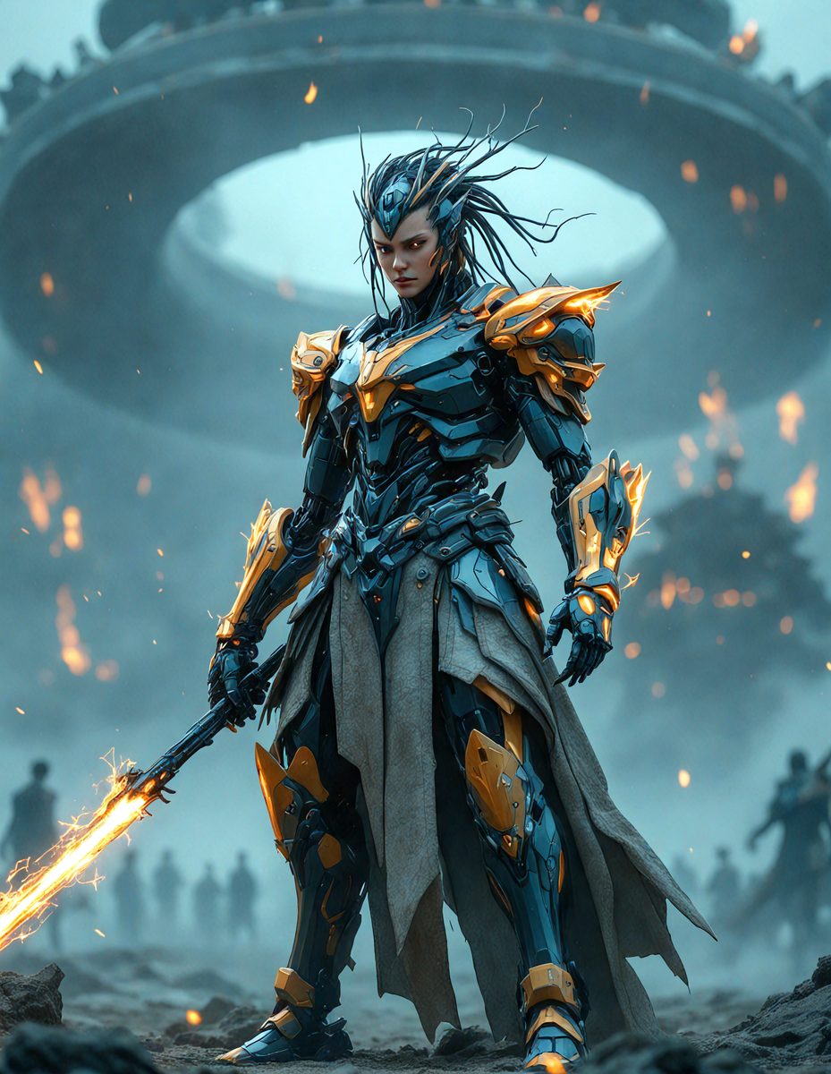 The primary subject of the image is a woman dressed in a futuristic outfit, holding a sword. She is standing in a dark, possibly futuristic setting. The visual style of the image is digital art, with the woman being depicted as a character in a video game or comic book. The colors and mood of the image are dark and dramatic, with the woman's outfit and the sword creating a sense of danger and intensity.
