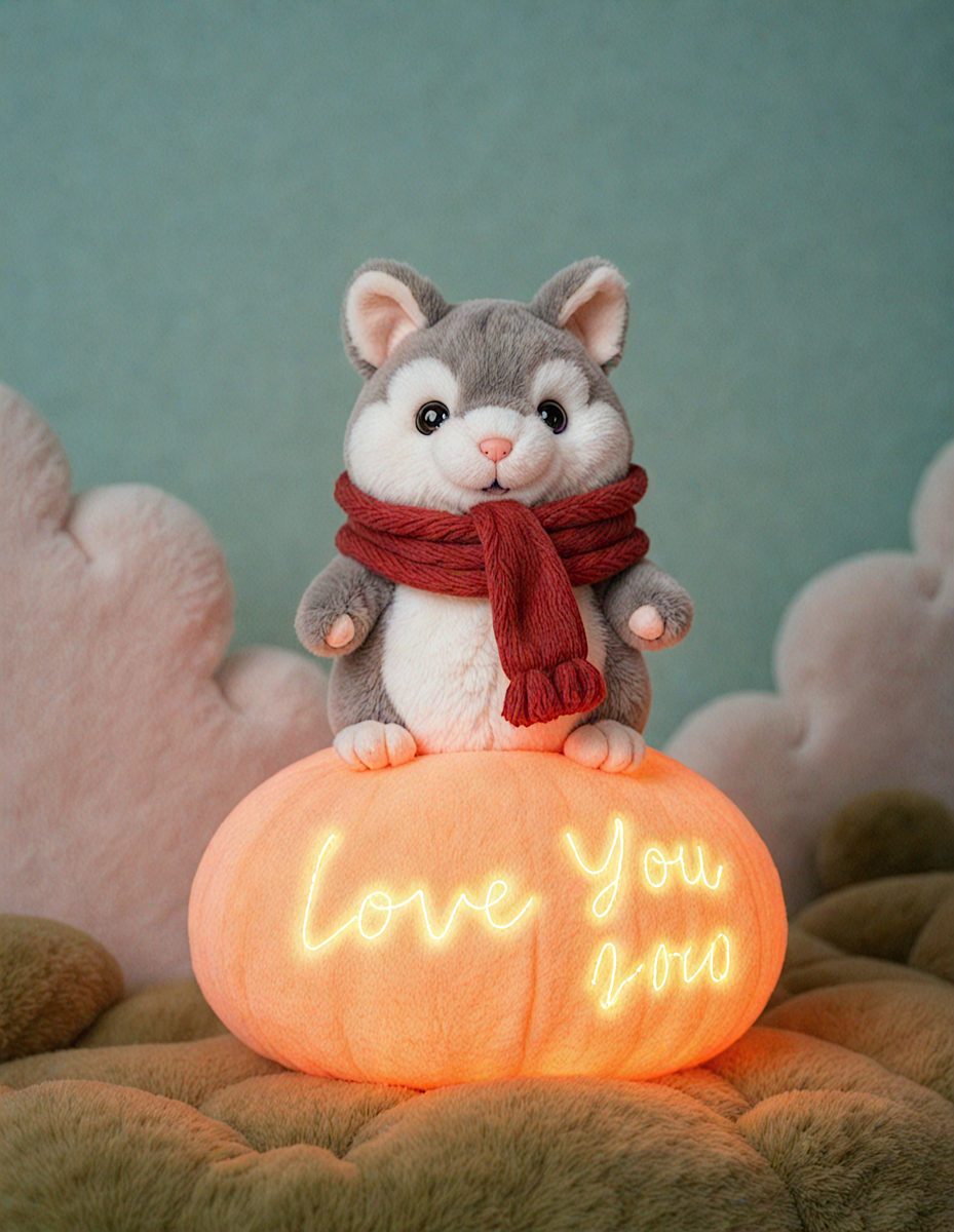 The primary subject of the image is a small stuffed animal, specifically a stuffed cat, sitting on top of a pumpkin. The setting is a cozy environment, possibly a bedroom or a room with a soft surface. The visual style is a combination of a photo and digital art, as the image features a real stuffed cat and a pumpkin, but the writing on the pumpkin is in a digital art style. The colors and mood of the image are warm and inviting, with the orange pumpkin and the stuffed cat creating a sense of comfort and playfulness.