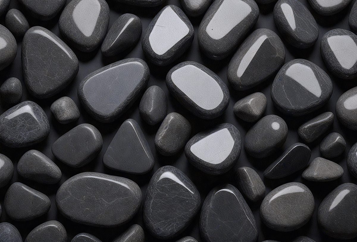 The primary subject of the image is a collection of black rocks, which are arranged in a visually appealing manner. The setting is a black background, which contrasts with the rocks, making them stand out. The visual style is a close-up of the rocks, showcasing their unique shapes and textures. The colors and mood of the image are predominantly dark, with the black rocks being the main focus.