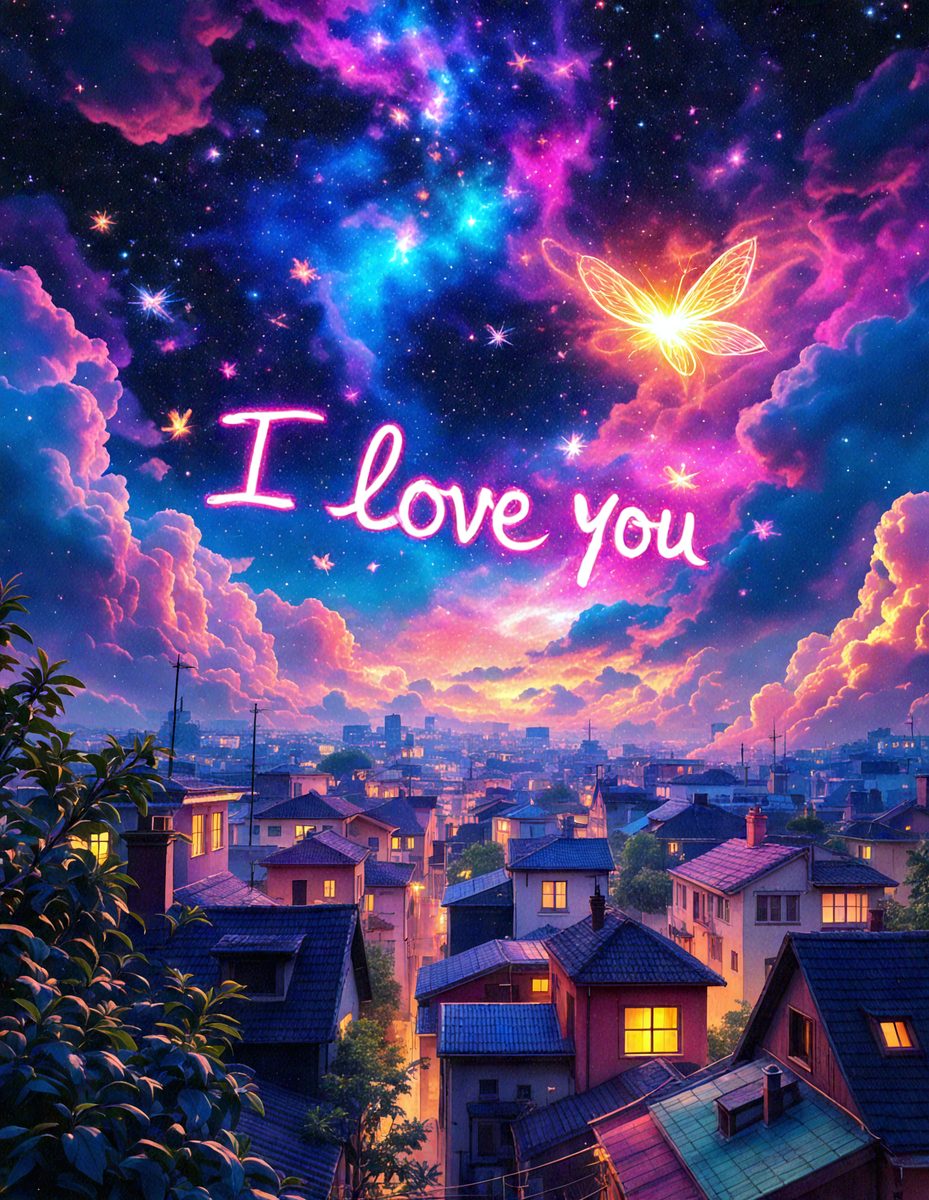 Primary subject: A heart with the words "I love you" written on it.

Setting/background: A purple and pink sky with stars.

Visual style: Digital art.

Colors and mood: The colors are predominantly purple and pink, creating a warm and romantic atmosphere.