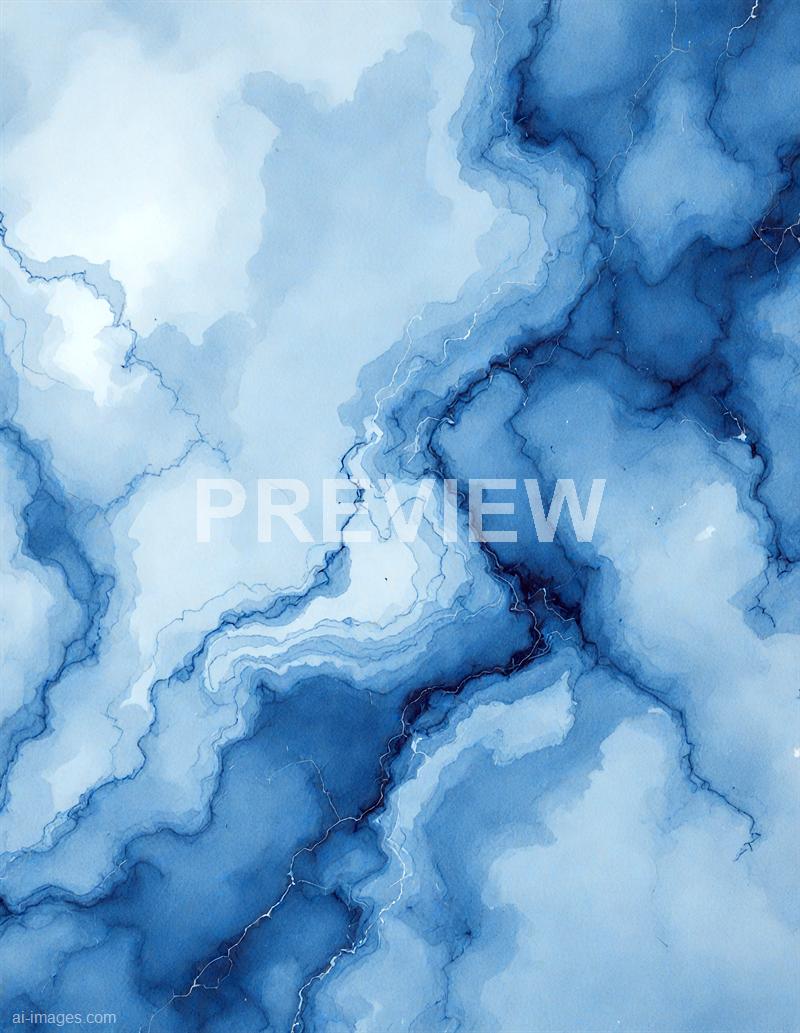 The image features an abstract watercolor painting primarily using shades of blue, ranging from light to dark. The composition includes flowing, cloud-like formations with visible delicate white and darker blue lines that resemble veins or cracks, creating a sense of depth and movement across the canvas. The overall effect is a calming, fluid pattern reminiscent of water or sky, with soft blending and layered textures.