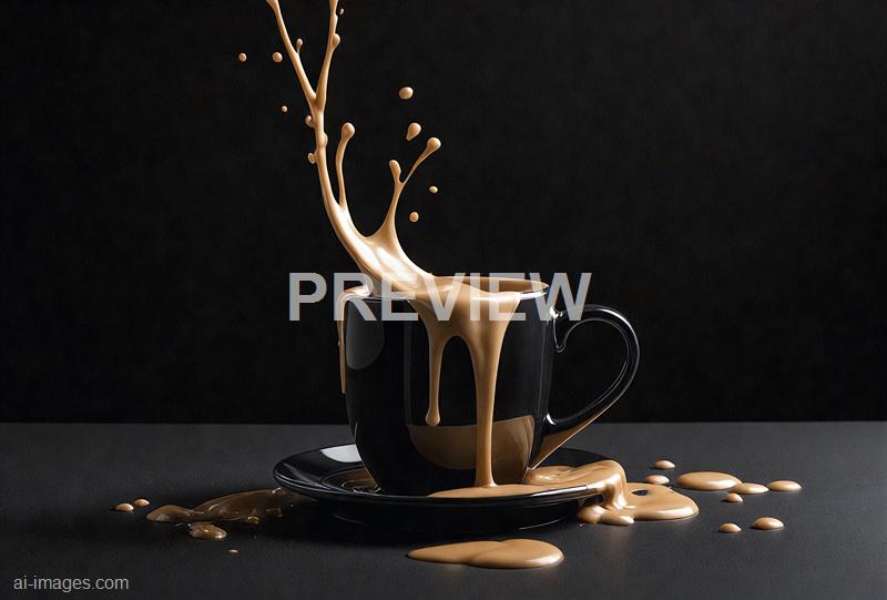 A black ceramic cup and saucer are placed on a dark surface, with a splash of light brown liquid, likely coffee, erupting above the cup. The liquid is mid-air, creating dynamic splashes and droplets that spill over the sides of the cup, with some pooling on the saucer and surface below. The background is solid black, emphasizing the contrast and motion of the splash.