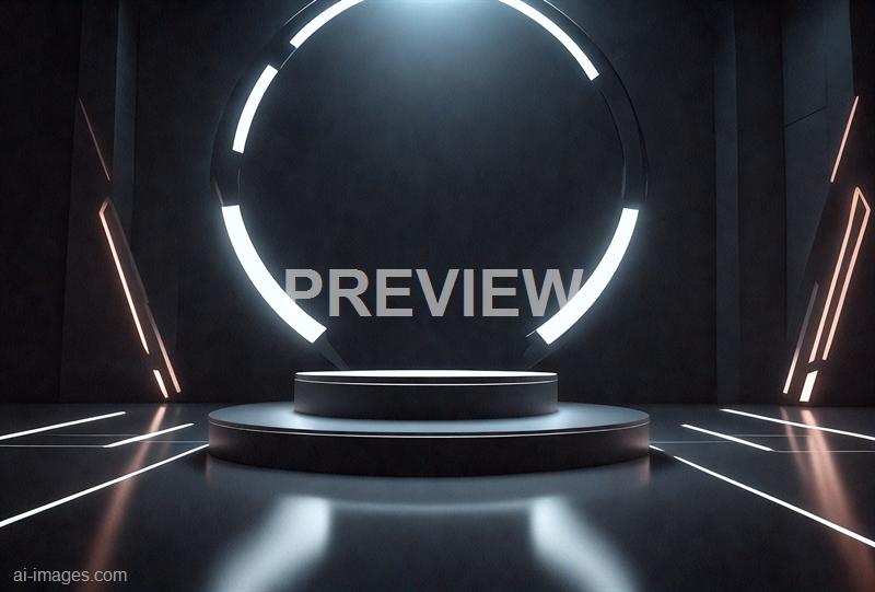 The image depicts a modern, futuristic stage with a sleek, dark background and illuminated circular light structures. The stage is elevated with a rounded platform at the center, surrounded by glowing lines and accents that give a high-tech, sci-fi aesthetic. The lighting emphasizes the circular elements, creating a sense of depth and focus on the empty stage area.