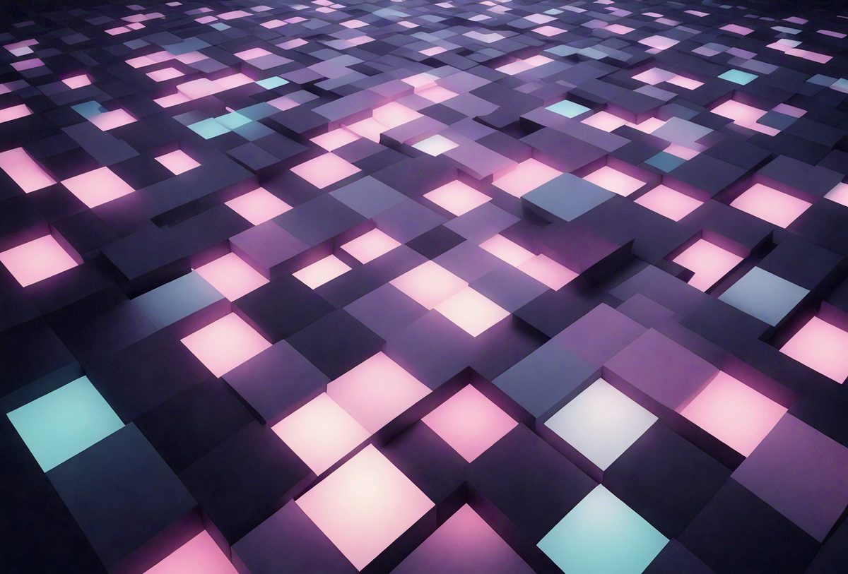 The primary subject of the image is a large, intricate pattern made up of many small squares. The pattern is predominantly pink, with some blue squares mixed in. The setting is a dark background, which contrasts with the bright colors of the pattern. The visual style of the image is a combination of digital art and illustration, creating a unique and eye-catching design. The overall atmosphere of the image is vibrant and lively, with the pink and blue squares creating a sense of depth and dimension.