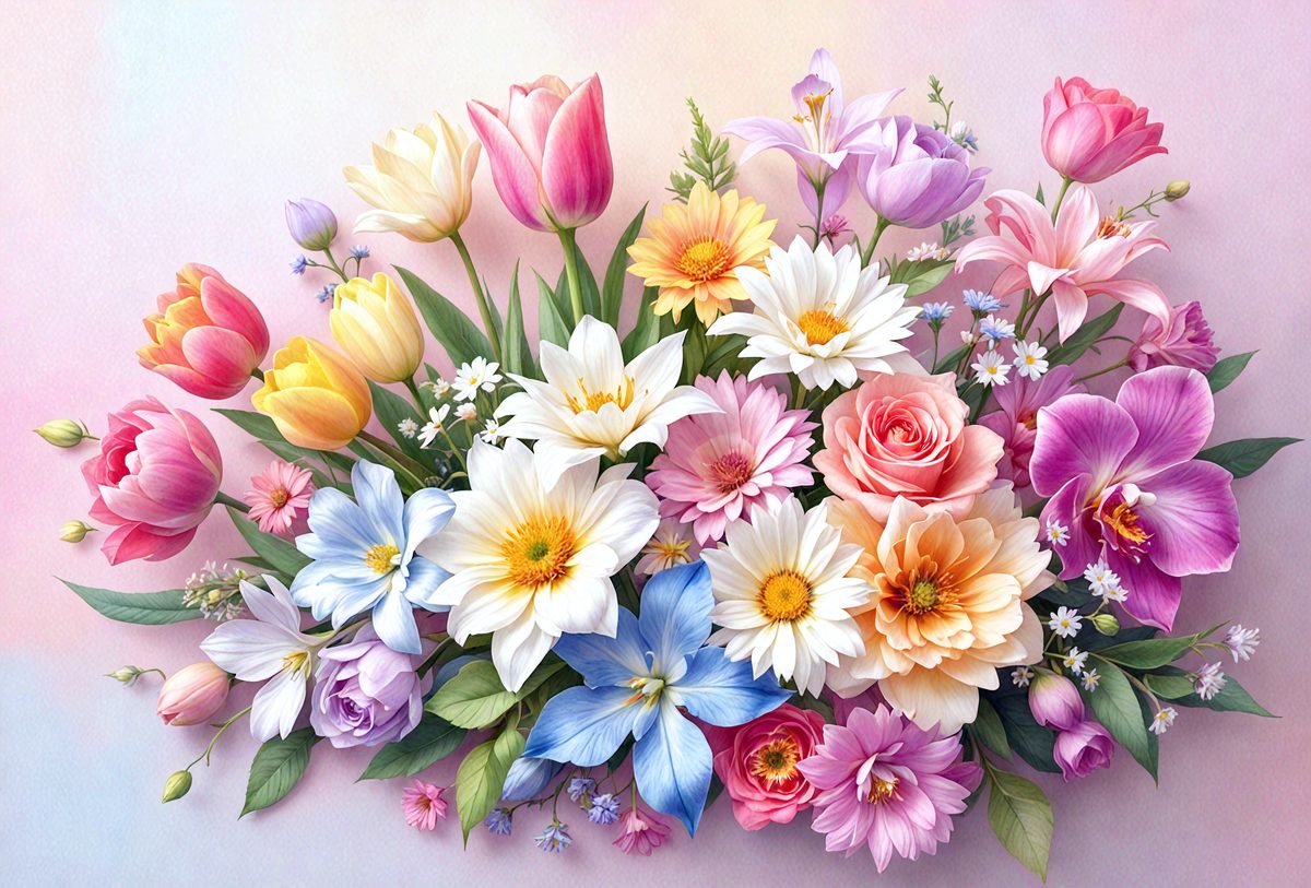 The primary subject of the image is a bouquet of colorful flowers, including tulips, daisies, and roses. The flowers are arranged in a vase, creating a beautiful and vibrant display. The setting is a white wall, which serves as a clean and simple backdrop for the flowers. The visual style of the image is a painting, which adds a sense of artistic expression and detail to the scene. The colors and mood of the image are predominantly warm and cheerful, with the various shades of pink, yellow, and white creating a sense of happiness and positivity.