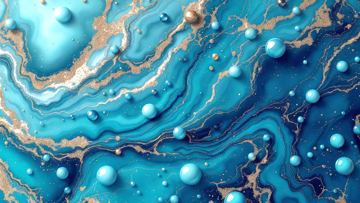 The primary subject of the image is a blue and gold swirling pattern, which appears to be a digital art or illustration. The setting is a blue and gold ocean, with a backdrop of blue and gold bubbles. The visual style is a mix of digital art and illustration, creating a unique and vibrant atmosphere. The dominant colors are blue and gold, giving the image a sense of depth and richness.