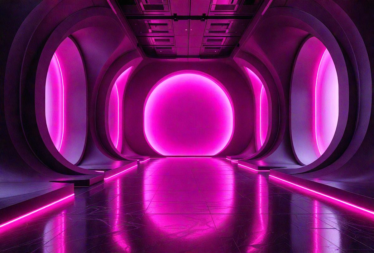 The primary subject of the image is a large, pink, circular light in a room. The room appears to be a large, open space with a pink glow, giving it a unique and artistic atmosphere. The setting is a room with a circular light, and the visual style is a combination of a photo and digital art, creating a striking and visually appealing scene. The colors and mood of the image are predominantly pink, which adds a sense of warmth and creativity to the space.
