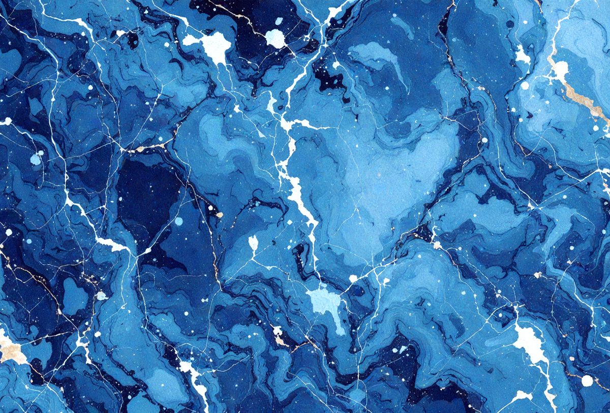 The primary subject of the image is a blue and white marbled surface, which appears to be a painting or a digital artwork. The setting is a blue background, and the visual style is a combination of photo and digital art. The colors and mood of the image are predominantly blue and white, creating a serene and calming atmosphere.