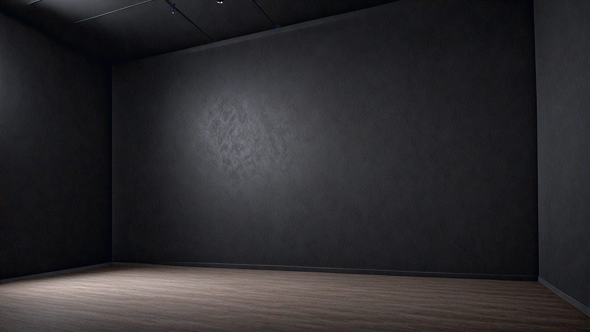 The primary subject of the image is a large, empty room with a dark gray wall. The setting is a room with a wooden floor, and the visual style is a black and white photo. The dominant colors are gray and black, creating a moody atmosphere.
