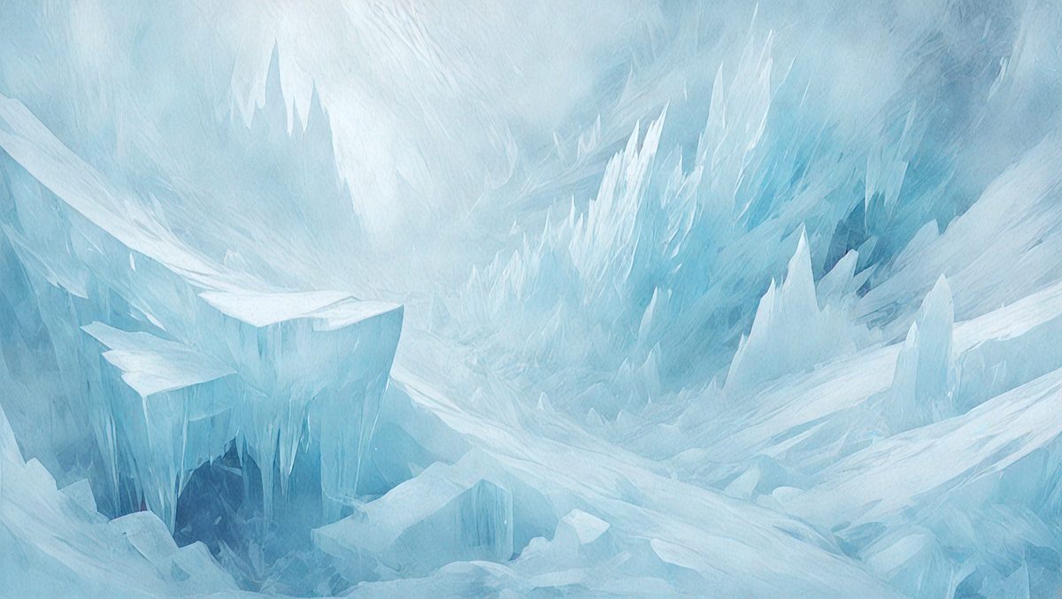 The primary subject of the image is a large, icy mountain with a blue tint. The setting is a snowy, icy landscape, and the visual style is a digital art or illustration. The dominant colors are blue and white, creating a cold and icy atmosphere.