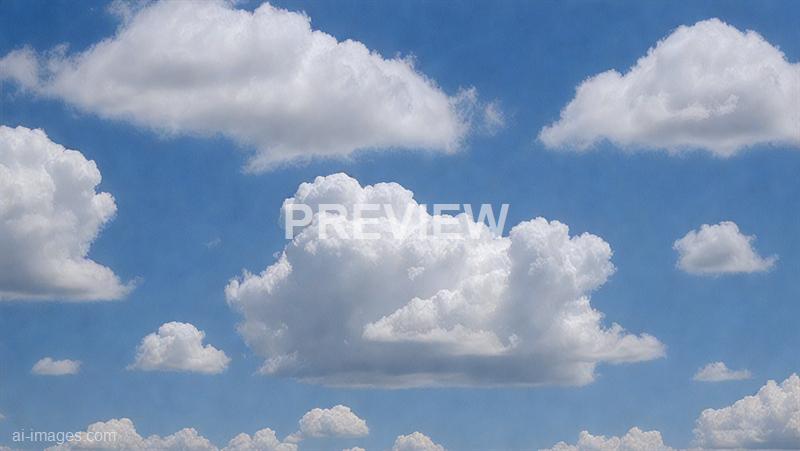 The image depicts a bright blue sky filled with numerous white, fluffy clouds scattered across the scene. The clouds vary in size and shape, creating a dynamic and picturesque view of a partly cloudy day. The overall atmosphere appears calm and serene, highlighting the natural beauty of the sky.