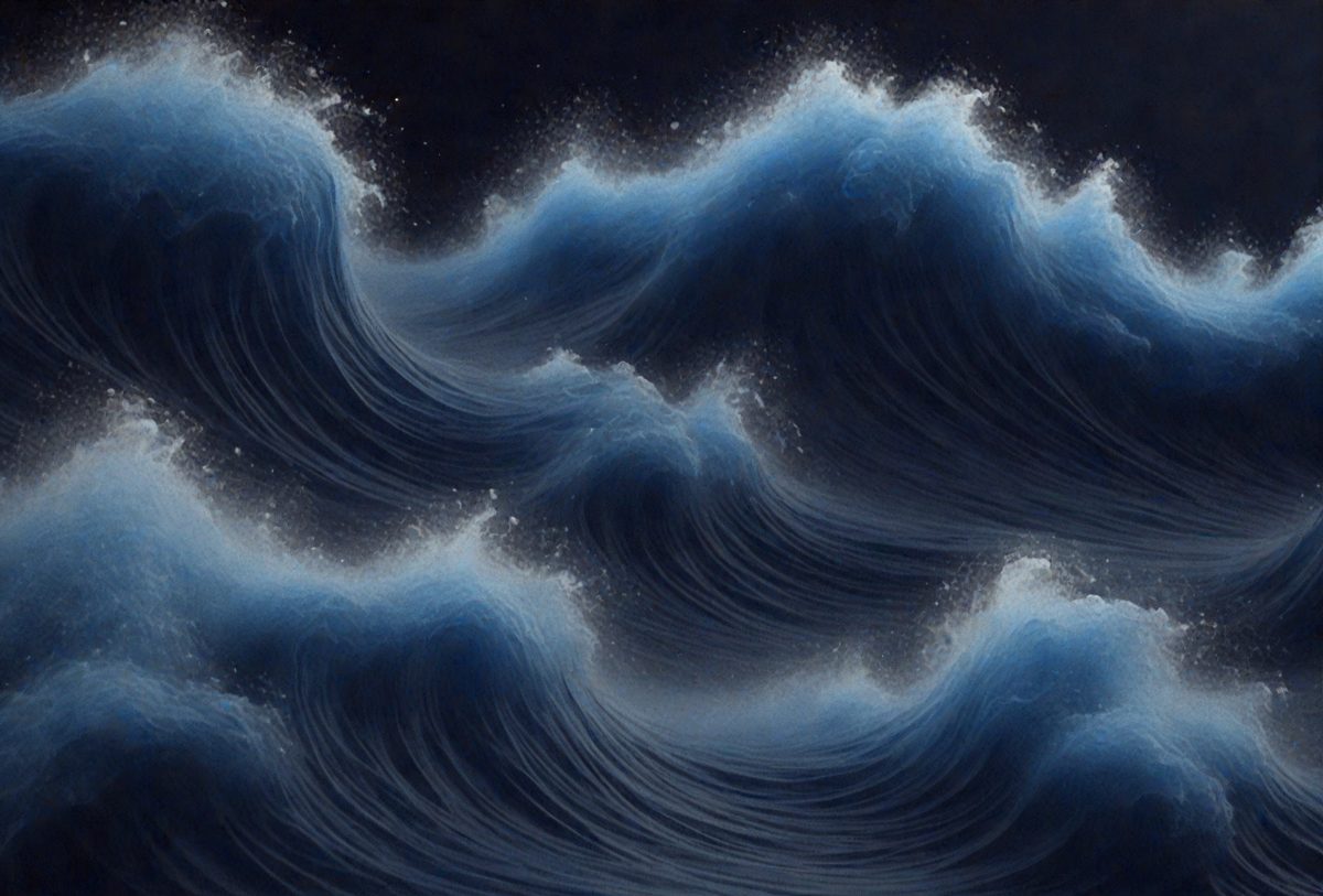 The primary subject of the image is a large wave in the ocean. The wave is depicted in a dark blue color, giving it a dramatic and intense appearance. The setting is the ocean, with the wave being the main focus of the scene. The visual style of the image is a painting, which adds to the dramatic and artistic nature of the scene. The colors and mood of the image are dark and intense, creating a sense of power and energy.