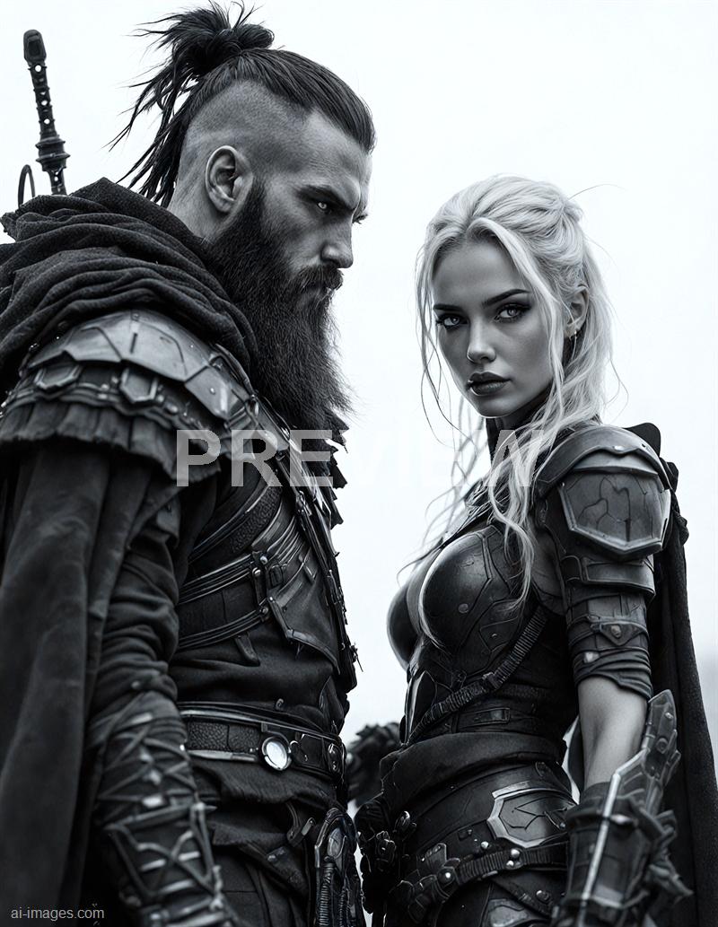 The image features two individuals dressed in futuristic, armored costumes that resemble characters from a sci-fi or fantasy universe. The man on the left has a distinctive hairstyle with shaved sides and a top knot, along with a thick beard, and is wearing layered tactical gear. The woman on the right has long, wavy blonde hair and is dressed in similarly styled armor, giving her a fierce and warrior-like appearance. Both are posed closely together, with intense expressions, against a plain, light background.