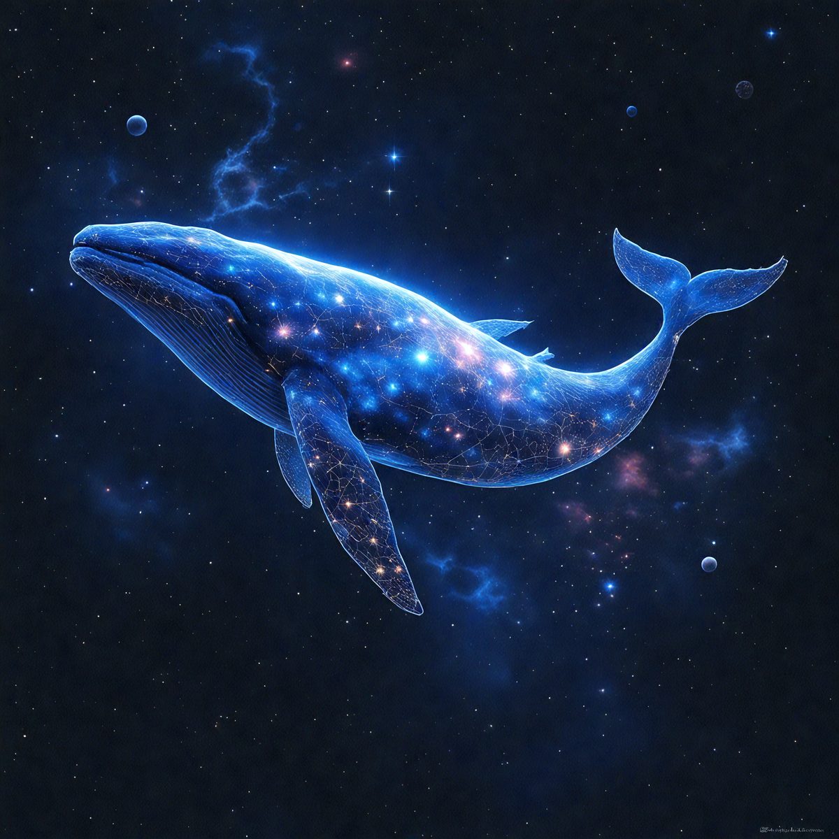 The primary subject of the image is a blue whale, which is the main object, scene, or focus of the image. The whale is floating in a dark, star-filled sky, creating a sense of depth and mystery. The setting or background of the image features a vast, star-filled space, which adds to the overall atmosphere of the scene. The visual style of the image is a combination of digital art and illustration, giving it a unique and captivating appearance. The colors and mood of the image are predominantly dark and moody, with the blue whale standing out as the main focal point.